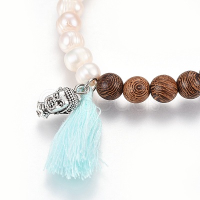 Cotton Thread Tassels Charm Stretch Bracelets BJEW-JB04110-05-1