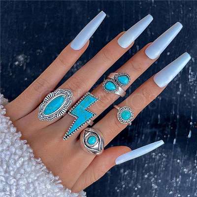 5Pcs 5 Style Synthetic Turquoise Finger Ring Sets for Women PW-WG14783-04-1