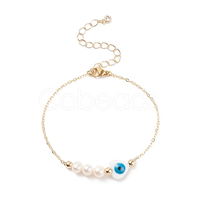 Natural Pearl & Shell Heart with Evil Eye Link Bracelet with Brass Chains for Women BJEW-JB08329-02-1