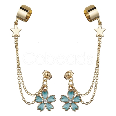 Light Gold 304 Stainless Steel Cuff Earring Chains with Rhinestone EJEW-JE05684-04-1