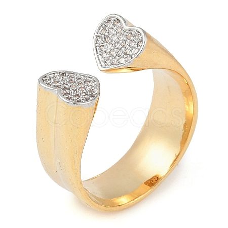 Heart Brass Micro Pave Clear Cubic Zirconia Open Cuff Ring for Women X-RJEW-Q819-20G-1