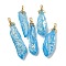 Electroplated Raw Rough Natural Quartz Crystal Big Pendants, Nuggets Charms with Copper Wire Loops, Golden, Deep Sky Blue, 40~48x13~23x10~20mm, Hole: 4.5~5mm