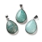 Natural Amazonite Pendants, Rack Plating Brass Teardrop Charms, Platinum, Long-Lasting Plated, Lead Free & Cadmium Free, 30x19.5x6~7mm, Hole: 4x5mm