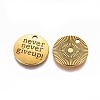 Tibetan Style Alloy Flat Round Carved Word Never Give Up Pendants X-TIBEP-12585-AG-NR-2