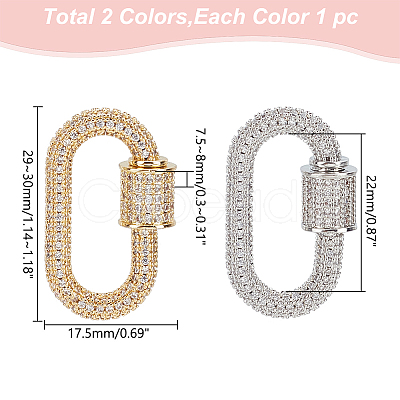 WADORN 2Pcs 2 Colors Brass Micro Pave Clear Cubic Zirconia Screw Carabiner Lock Charms ZIRC-WR0001-01-1