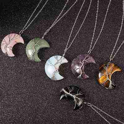 6Pcs 6 Style Natural & Synthetic Gemstone Tree of Life Wire Wrapped Pendants G-SZ0001-66-1