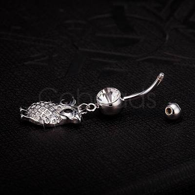 Piercing Jewelry Real Platinum Plated Brass Rhinestone Owl Navel Ring Belly Rings AJEW-EE0001-64-1