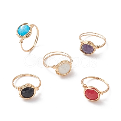 Natural Mixed Gemstone Flat Round Finger Rings RJEW-JR00565-1