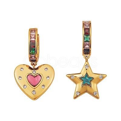 Colorful Cubic Zirconia Star and Heart Dangle Hoop Earrings JE922A-1