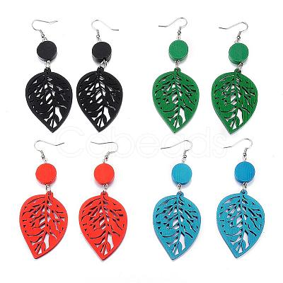 Trendy Leaf Wood Dangle Earrings EJEW-F062-K-1