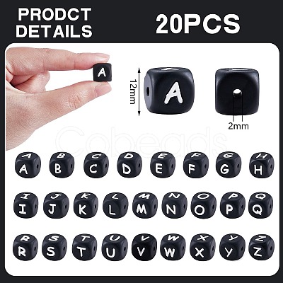 20Pcs Black Cube Letter Silicone Beads 12x12x12mm Square Dice Alphabet Beads with 2mm Hole Spacer Loose Letter Beads for Bracelet Necklace Jewelry Making JX433K-1