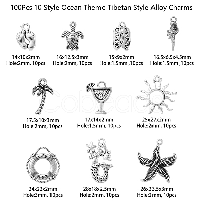 100Pcs 10 Style Ocean Theme Tibetan Style Alloy Pendants TIBEP-CJ0001-70-1