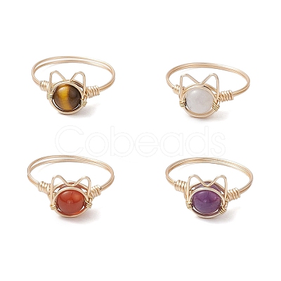 4Pcs 4 Styles Natural Amethyst & Tiger Eye & Rainbow Moonstone & Carnelian Finger Rings Sets RJEW-TA00154-1