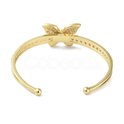 Rack Plating Brass Pave Clear Cubic Zirconia Butterfly Open Cuff Bangles for Women BJEW-R317-02G-1