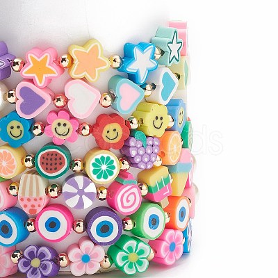 7Pcs 7 Style Star & Smiling Face & Flower Polymer Clay Stretch Bracelets Set with Glass Pearl Beaded BJEW-JB08786-1