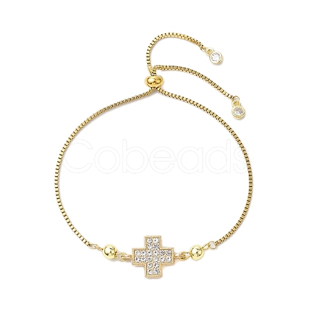 Brass Pave Clear Cubic Zirconia Box Chain Cross Pendant Slider Bracelets BJEW-JB10809-1