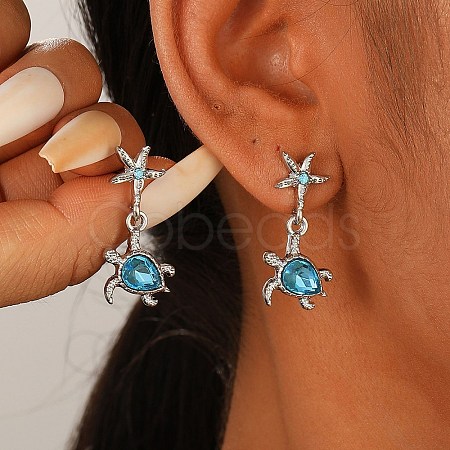 Starfish with Turtle Alloy Rhinestone Dangle Stud Earrings EJEW-A112-02P-1