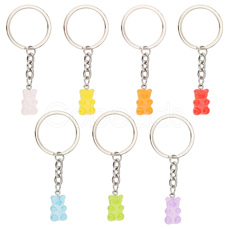 CRASPIRE 7Pcs 7 Colors Candy Color Transparent Bear Resin Pendant Keychain KEYC-CP0001-17-1