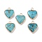 Dyed Synthetic Imperial Jasper Pendants, Brass Heart Charms, Golden, Dark Turquoise, 19x16x4.5~5.5mm, Hole: 2.7mm