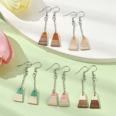 Two Tone Resin & Wood Trapezoid Dangle Earrings EJEW-JE05569-1