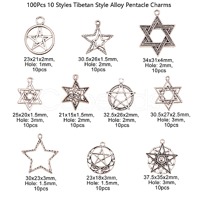 100Pcs 10 Styles Tibetan Style Alloy Pentacle Pendants TIBEP-CJ0001-60-1