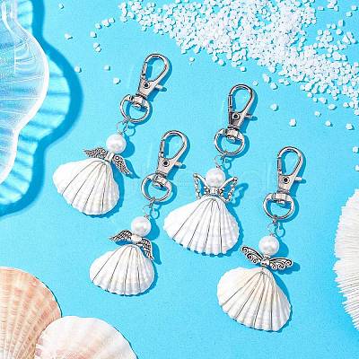 4Pcs 4 Styles Angel Alloy & Wire Wrapped Natural Shell Pendant Decorations HJEW-JM02017-1