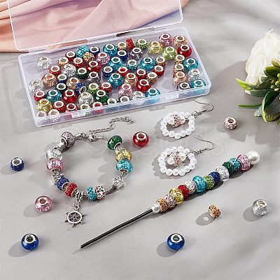 Nbeads 100Pcs 2 Style Polymer Clay Rhinestone & Resin European Large Hole Beads with Silver Color Plated Brass Cores FPDL-NB0001-04-1