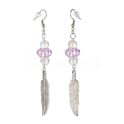 Feather with Round Beads Long Dangle Earrings for Girl Women EJEW-JE04681-1