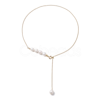 Adjustable Slider Natural Pearl Beaded Lariat Necklaces NJEW-TA00180-1