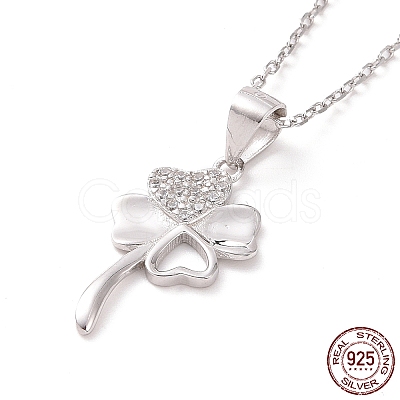 Anti-Tarnish Rhodium Plated Sterling Silver Clover Pendant Necklace with Clear Cubic Zirconia for Women NJEW-P267-04P-1