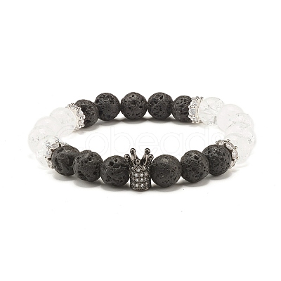 Natural Crackle Quartz & Lava Rock Round Beads Stretch Bracelets Set BJEW-JB07205-1