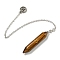 Bullet Natural Tiger Eye Pointed Dowsing Pendulums, with Rack Plating Antique Silver Plated Brass Pendants Ohm/Aum Findings, 240mm