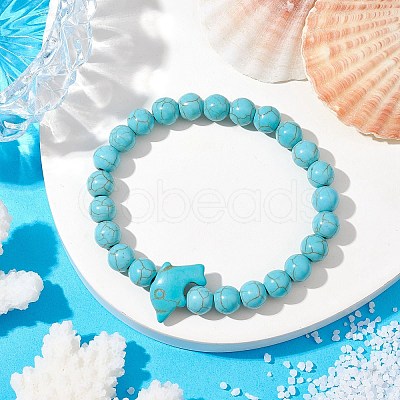 8MM Round Synthetic Turquoise Beaded Stretch Bracelets BJEW-JB10217-05-1