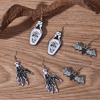 ANATTASOUL 3 Pairs 3 Style Skeleton Hand & Bat & Bottle Acrylic Dangle Earrings for Halloween EJEW-AN0002-93-1