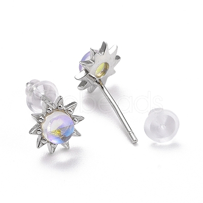 Anti-Tarnish Rhodium Plated 925 Sterling Silver Sunflower Stud Earring Findings EJEW-M202-03P-1