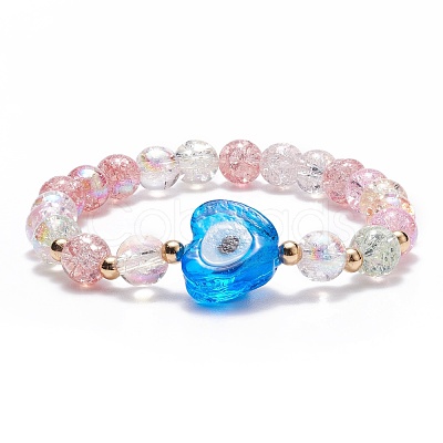 Heart with Evil Eye Lampwork Stretch Bracelet with Glass Beads for Women BJEW-JB08103-1