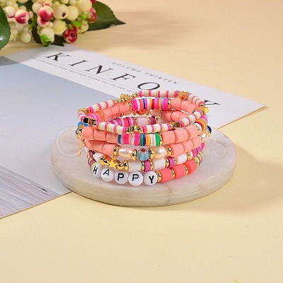 5Pcs 5 Style Handmade Polymer Clay Beads Stretch Bracelets Sets BJEW-SZ0001-77A-1