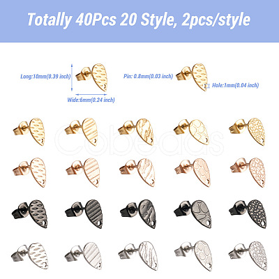 PandaHall Jewelry 40Pcs 20 Style 304 Stainless Steel Stud Earring Findings STAS-PJ0001-23-1