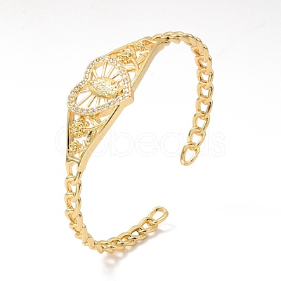 Rack Plating Brass Heart with Virgin Mary Open Cuff Bangle for Women BJEW-M227-02G-1