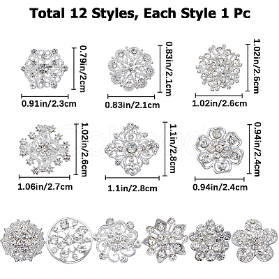 Gorgecraft 12Pcs 12 Style Crystal Rhinestone Flower Brooch Pins JEWB-GF0001-36B-1