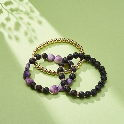 3Pcs 3 Style Heart Natural Purple Mica Stone & Lava Rock & Synthetic Hematite Beaded Stretch Bracelets Set BJEW-JB08736-1