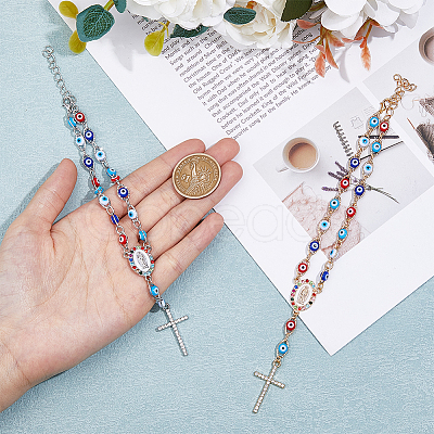 DICOSMETIC 2Pcs 2 Colors Alloy Rhinestone Cross Charm Bracleet with Colorful Resin Evil Eye Beaded Chains BJEW-DC0001-07-1