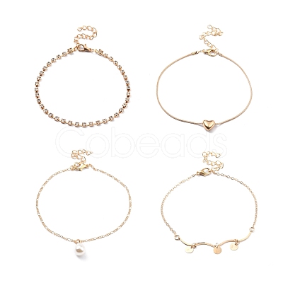 4Pcs 4 Style Alloy Chain Anklets Set with Heart Flat Round and Resin Pearl Charm SJEW-D009-04KCG-1