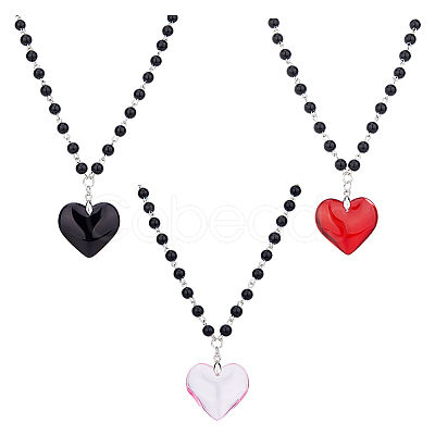 FIBLOOM 3Pcs 3 Colors Glass Heart Pendant Necklaces Set with Plastic Beaded Chains NJEW-FI0001-40-1