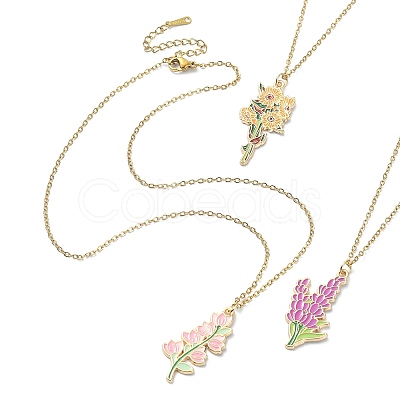 3Pcs 3 Style Alloy Enamel Flower Pendant Necklaces Set with 304 Stainless Steel Chains NJEW-JN04413-1