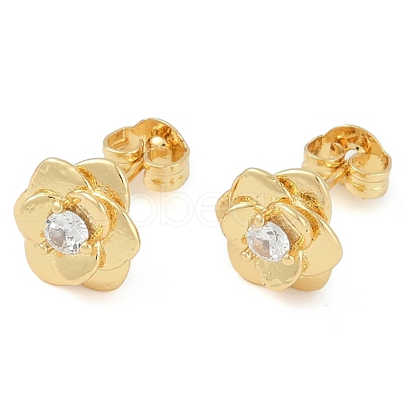 Rack Plating Flower Brass Pave Clear Cubic Zirconia Stud Earrings for Women EJEW-Z059-09G-1