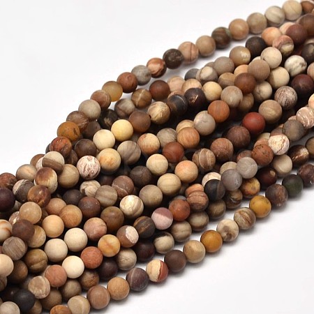 Frosted Natural Petrified Wood Round Bead Strands G-F266-07-10mm-1