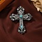 Retro Alloy Rhinestone Brooch Pins for Backpack Clothes, with Synthetic Turquoise, Cross, Antique Silver, 60x49mm