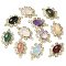 Natural Mixed stone Faceted Oval Connector Charms, Rack Plating Brass Micro Pave Clear Cubic Zirconia Flower Links, Golden, Mixed Dyed & Undyed, 25.5x16x7mm, Hole: 1.2mm