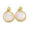 Rack Plating Brass Pave Natural White Shell Pendants, Flat Round Charms, Golden, 20x17x3.5mm, Hole: 5X2.5mm